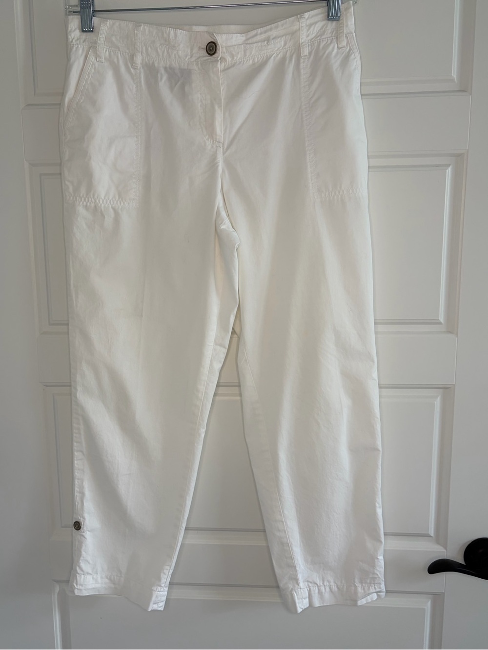 TALBOTS 100% Cotton White Roll Tab Pants Summer Lightweight  Size 10P Preppy